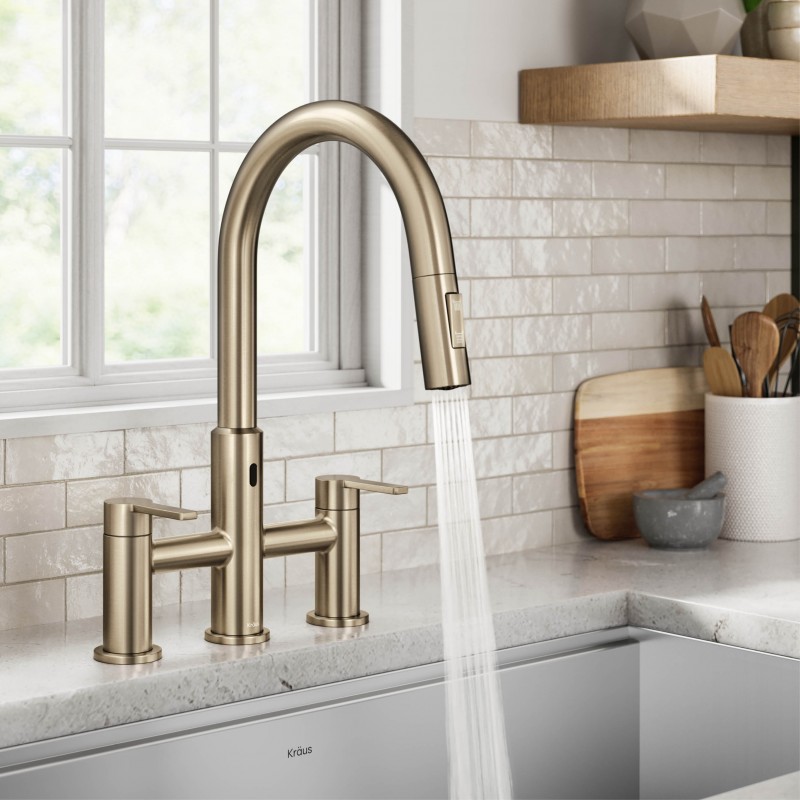 Oletto™ Touchless Sensor Bridge Kitchen Faucet with Pull-Down Sprayhead in Spot-Free Antique Champagne Bronze