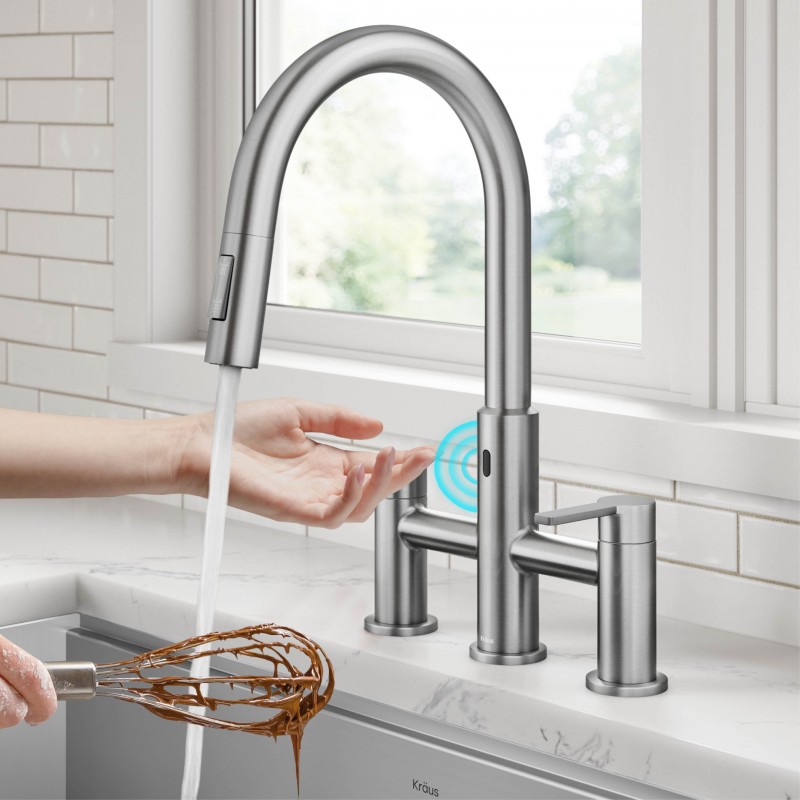 Oletto™ Touchless Sensor Bridge Kitchen Faucet with Pull-Down Sprayhead in Spot-Free Stainless Steel