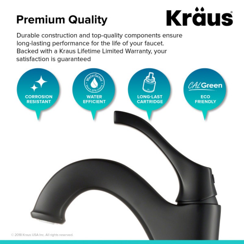 KRAUS Arlo™ Matte Black Single Handle Vessel Bathroom Faucet with Pop Up Drain