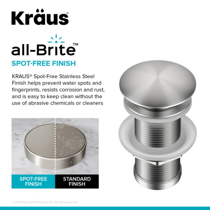 KRAUS® Pop-Up Drain for Bathroom Sink without Overflow in Spot-Free Stainless Steel
