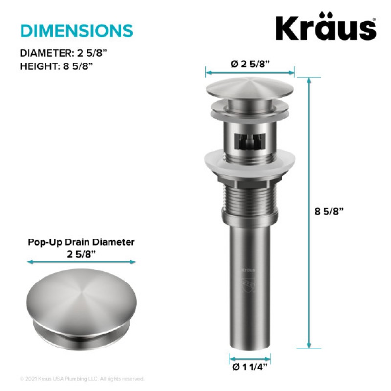 KRAUS® Pop-Up Drain for Bathroom Sink with Overflow in Spot-Free Stainless Steel