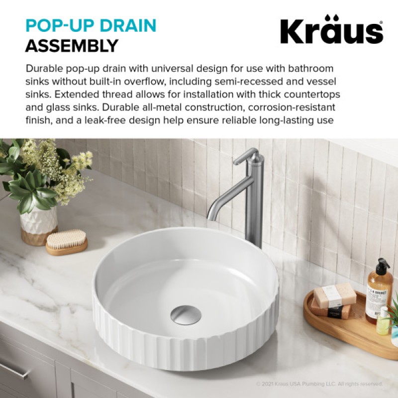 KRAUS® Bathroom Sink Pop-Up Drain with Extended Thread without Overflow in Spot-Free Stainless Steel
