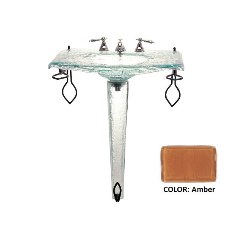 Large Glass Sink on Small Pedestal with Wrought Iron Towel Bar - Amber