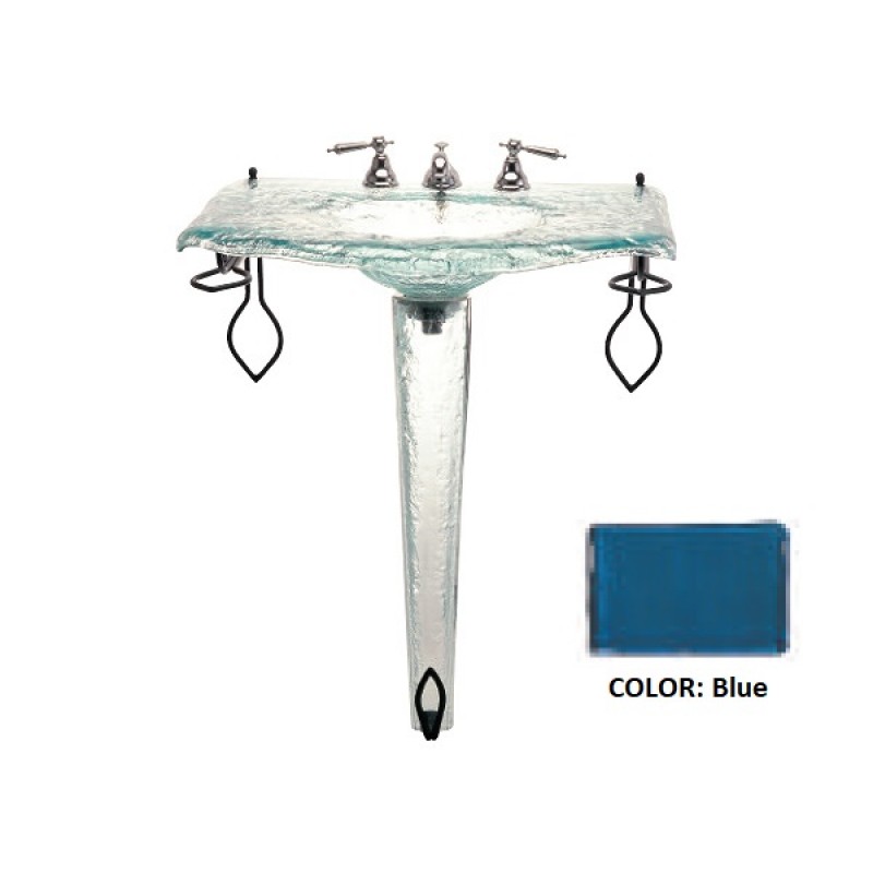 Large Glass Sink on Small Pedestal with Wrought Iron Towel Bar - Blue