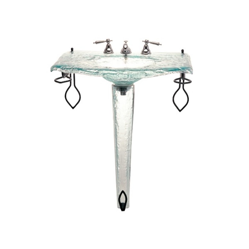 Large Glass Sink on Small Pedestal with Wrought Iron Towel Bar - Clear