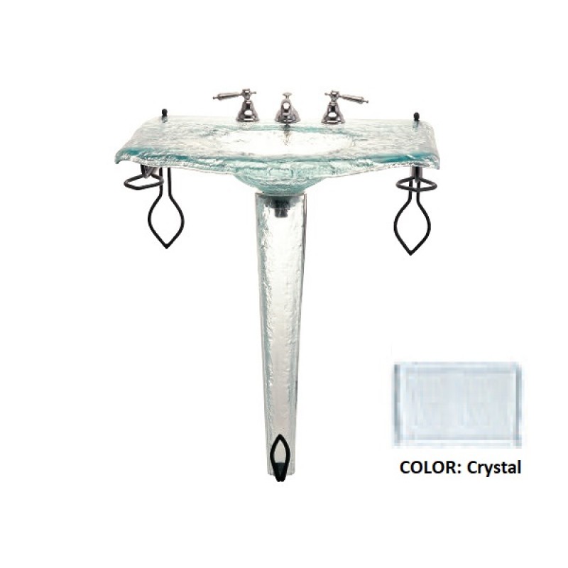 Large Glass Sink on Small Pedestal with Wrought Iron Towel Bar - Crystal