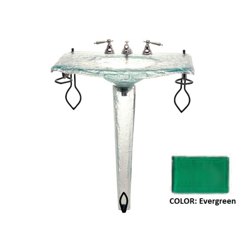 Large Glass Sink on Small Pedestal with Wrought Iron Towel Bar - Evergreen