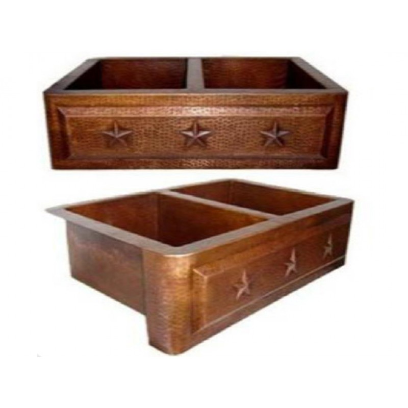 Copper Farmhouse Sink - Double Basin Star Design Apron, 35x22x9