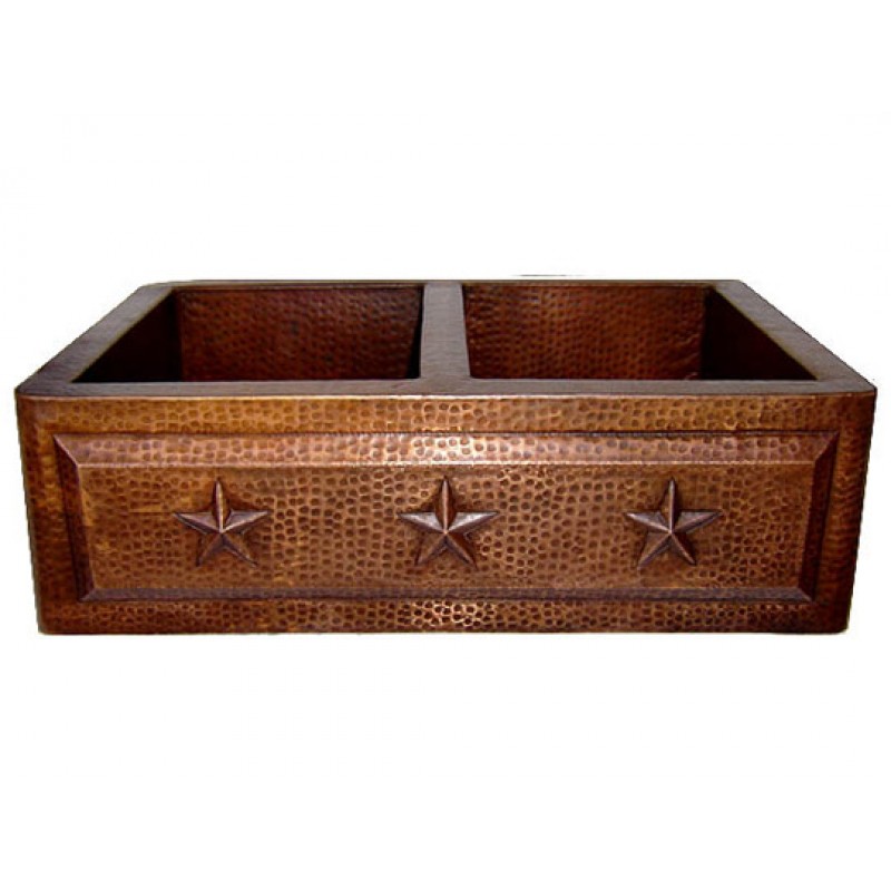 Copper Farmhouse Sink - Double Basin Star Design Apron, 35x22x9