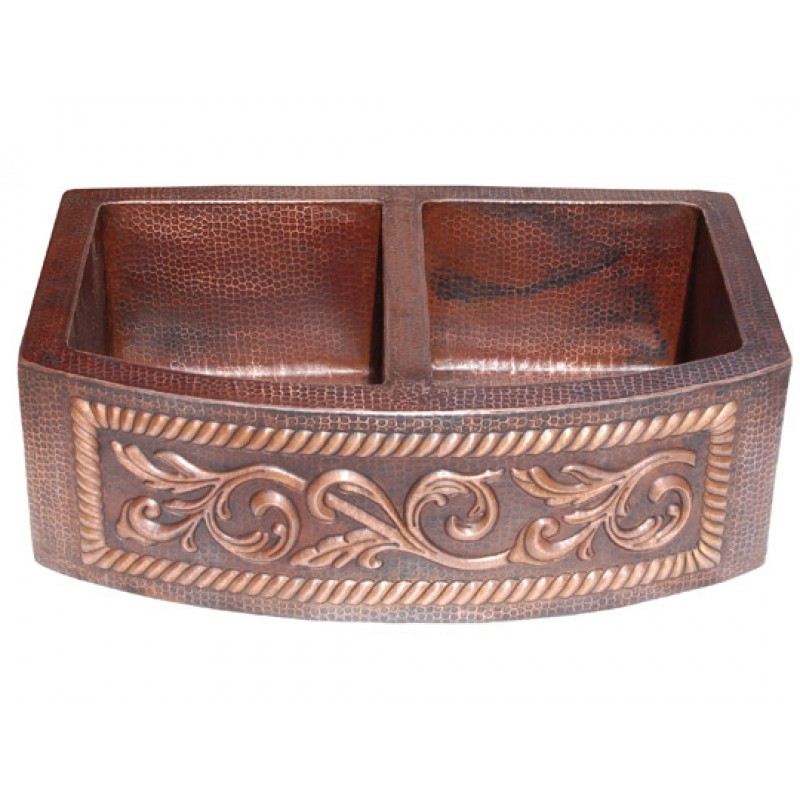 Copper Farmhouse Sink - Double Basin Rounded Apron, 33x22x9