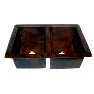 Copper Kitchen Sink - Double Bowl, 35x22x9
