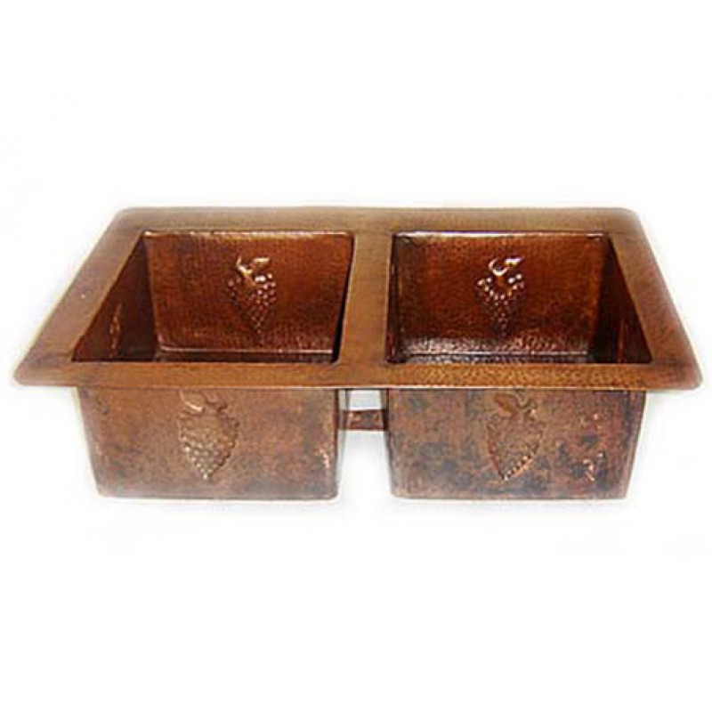 Copper Kitchen Sink - Double Bowl Grape Design, 33x22x9