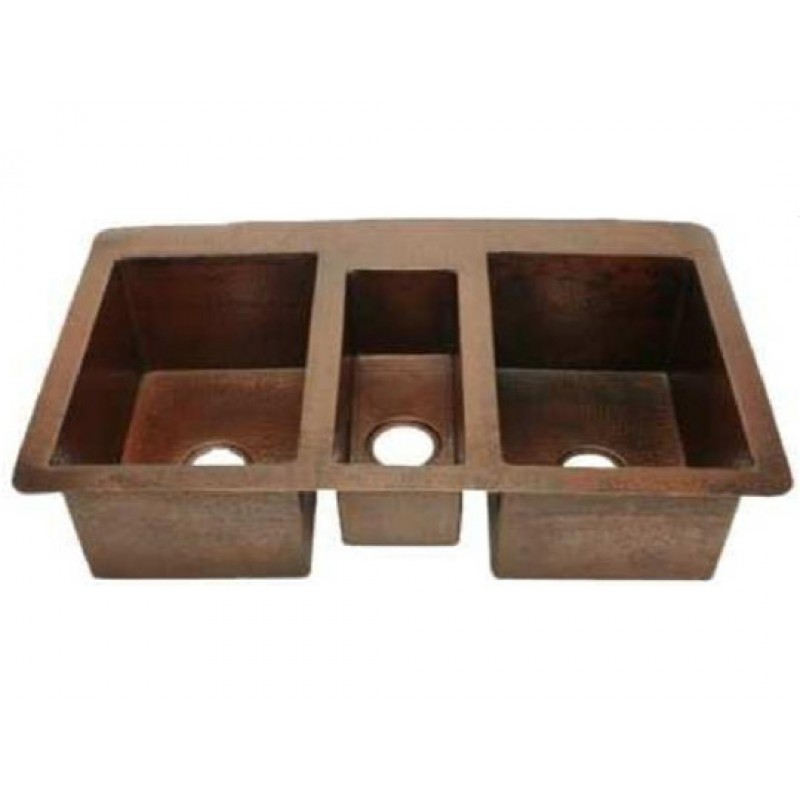 Copper Kitchen Sink - Triple Bowl Classic Design, 42x25x9