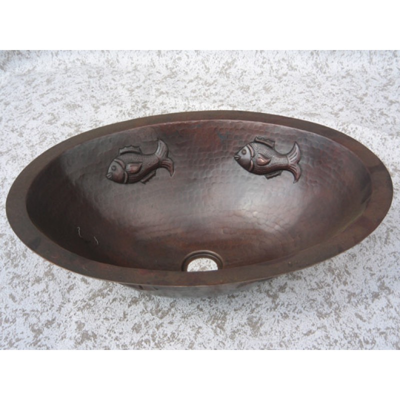Fish Design Oval Copper Sink, 17x12.5