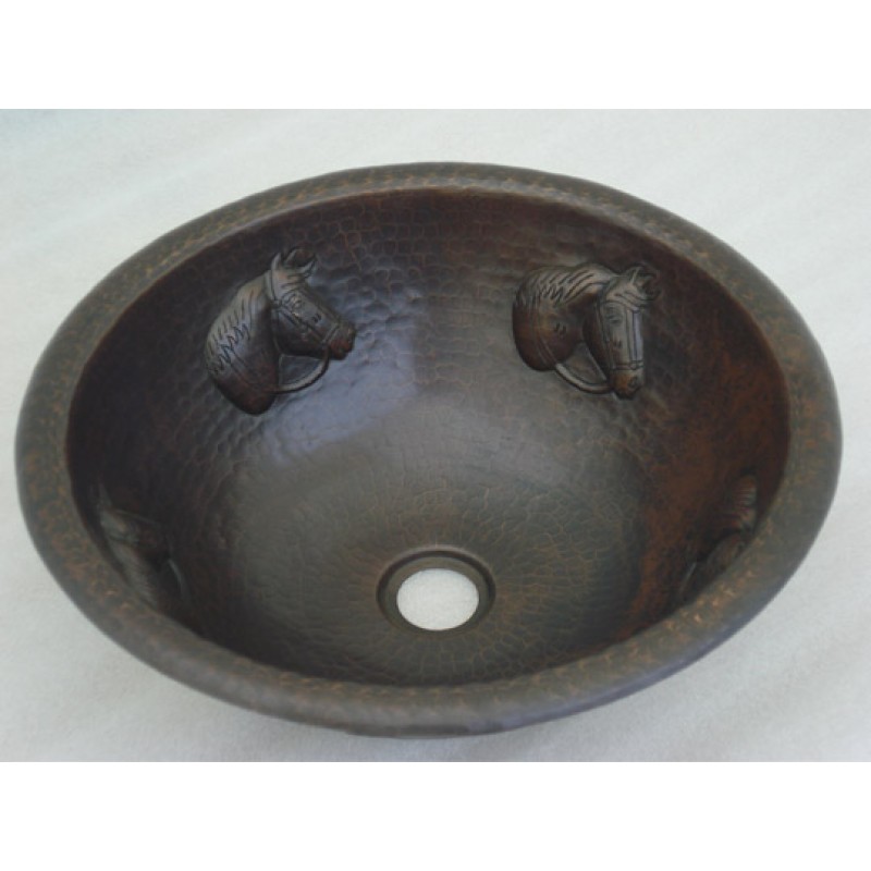 Horse Design Round Copper Sink, 15x5.5