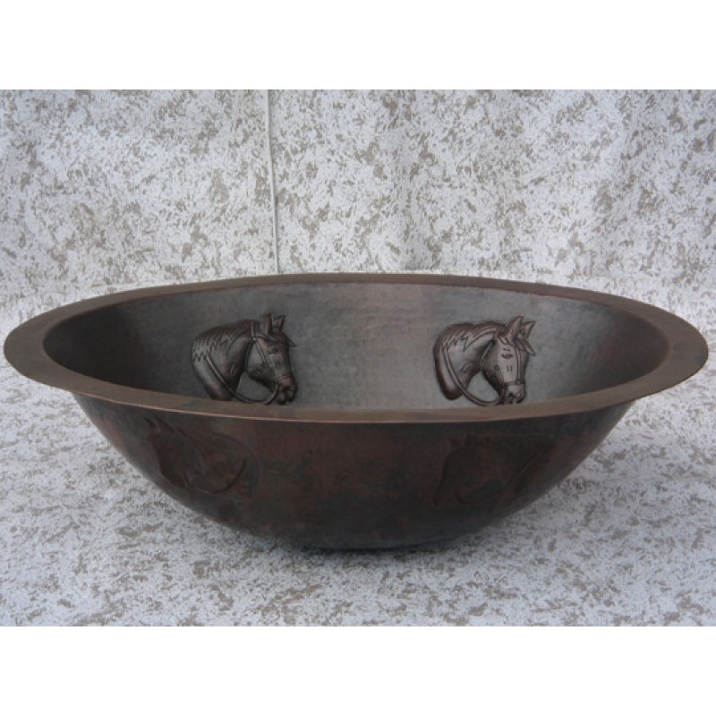 Horse Design Round Copper Sink, 15x5.5