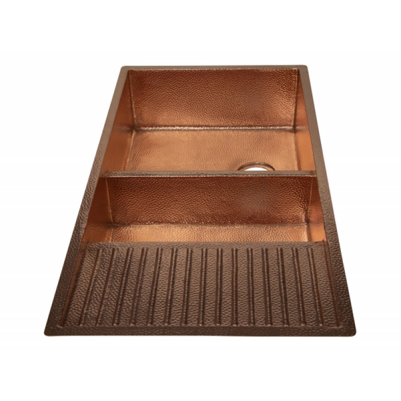 42" Drop-in Double Well 60/40 Hammered Copper Kitchen Sink with Wringer on Right Side