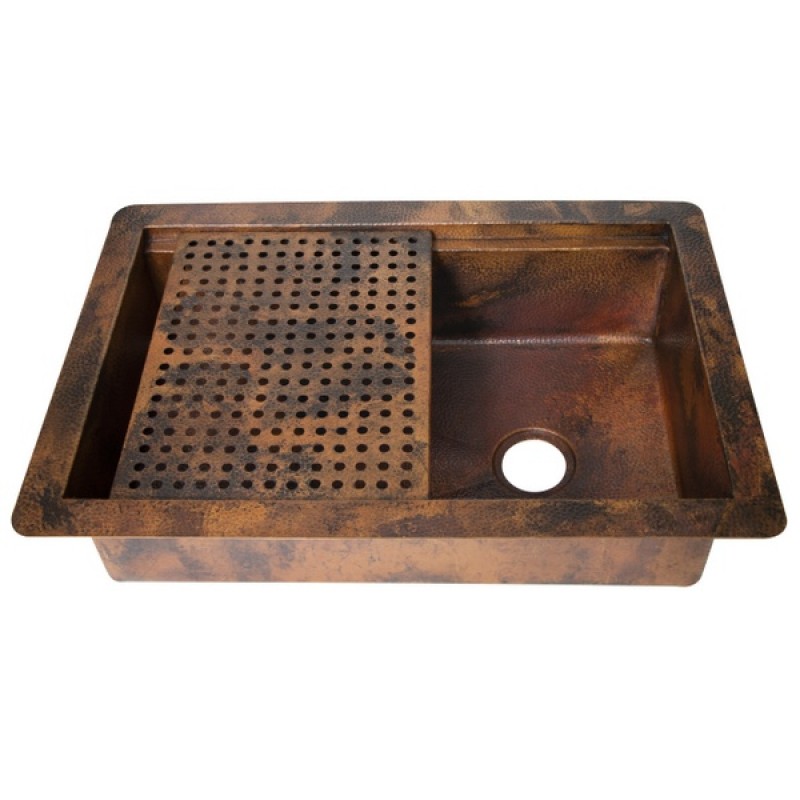 33" Drop-in Single Well Hammered Copper Kitchen Sink with Removable Grill