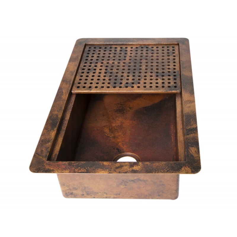33" Drop-in Single Well Hammered Copper Kitchen Sink with Removable Grill