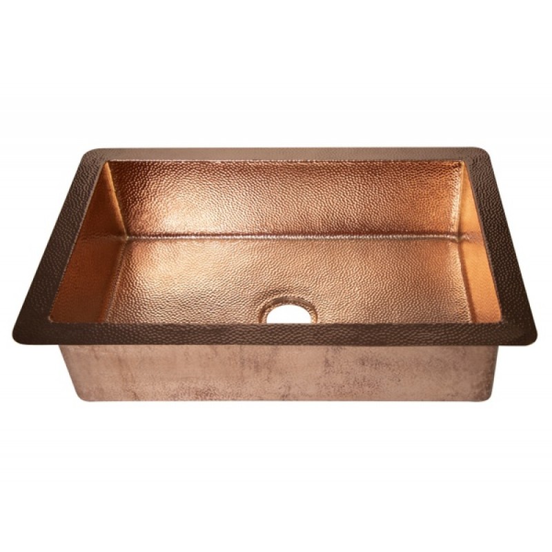33" Drop-in Single Well Plain Hammered Copper Kitchen Sink