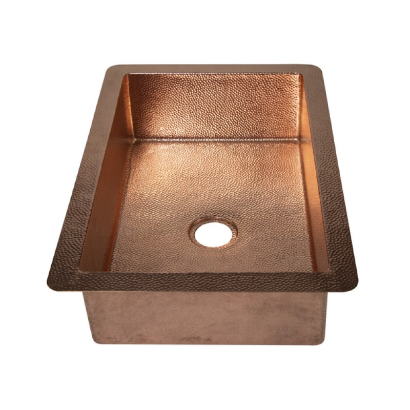 33" Drop-in Single Well Plain Hammered Copper Kitchen Sink