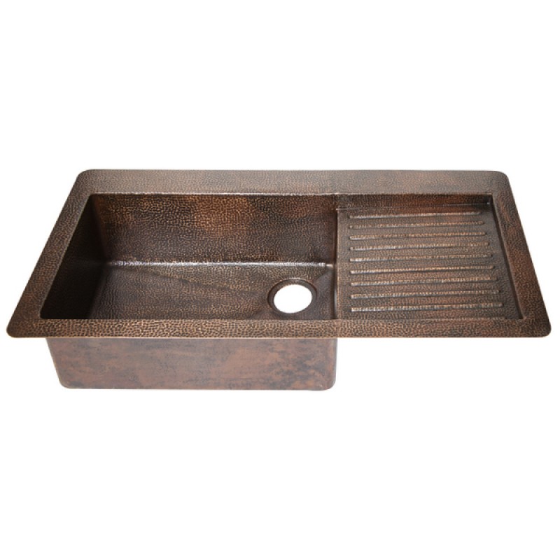 40" Drop-in Single Well Hammered Copper Kitchen Sink with Wringer on Right Side