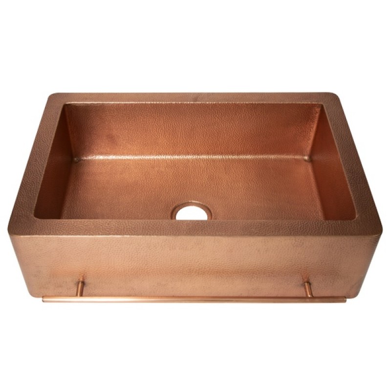 33" Farmhouse Single Well Towel Holder Straight Apron Hammered Copper Kitchen Sink