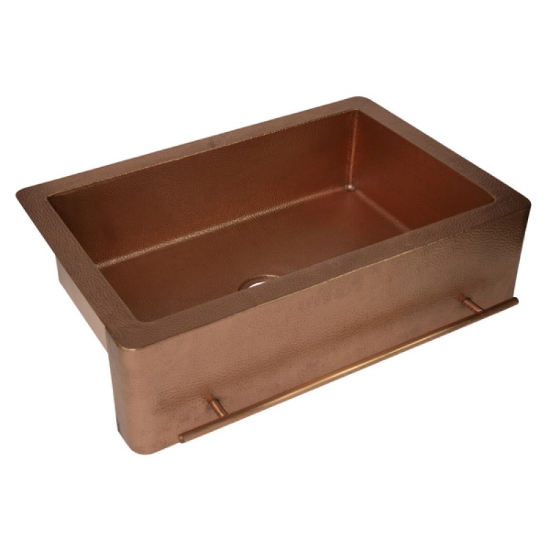 33" Farmhouse Single Well Towel Holder Straight Apron Hammered Copper Kitchen Sink