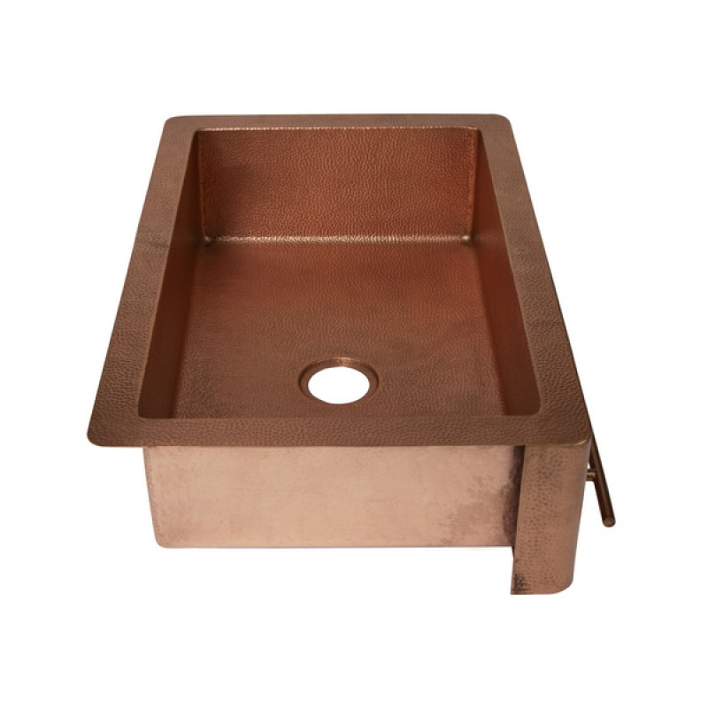 33" Farmhouse Single Well Towel Holder Straight Apron Hammered Copper Kitchen Sink