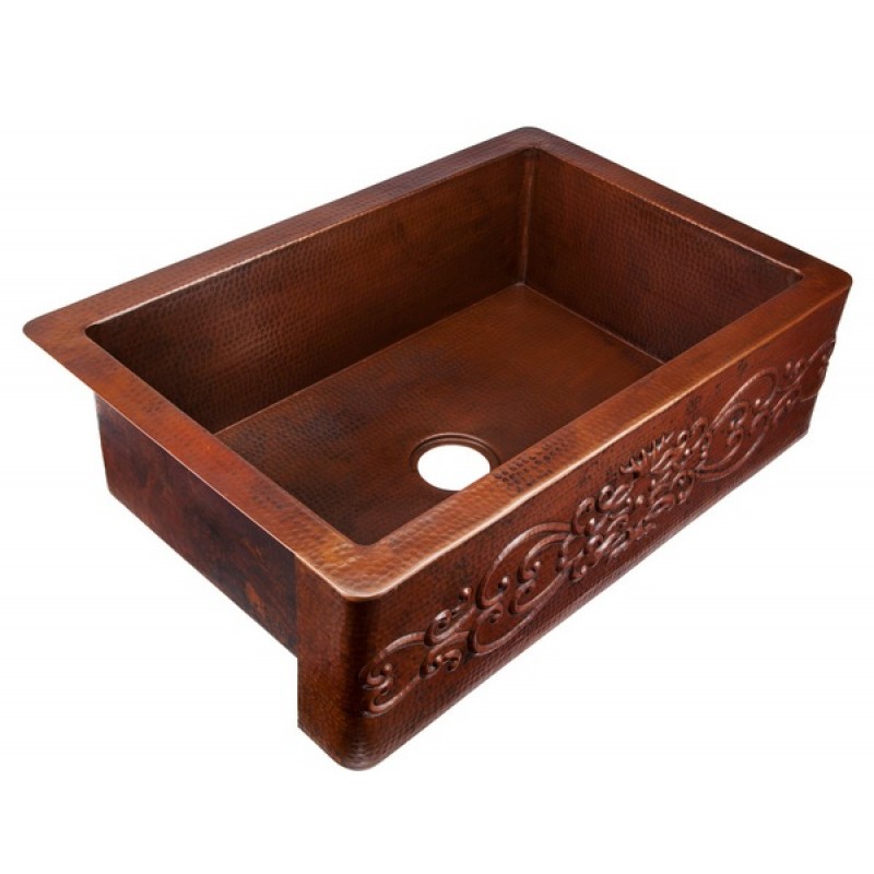 Kahlo Rectangular Hammered Aged Copper Single Bowl Farmhouse Kitchen Sink with Scroll Apron Design