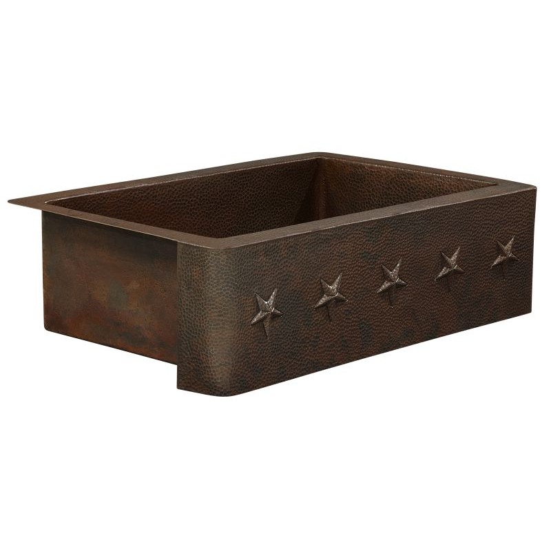 Kahlo Rectangular Hammered Aged Copper Single Bowl Farmhouse Kitchen Sink with Stars Apron Design