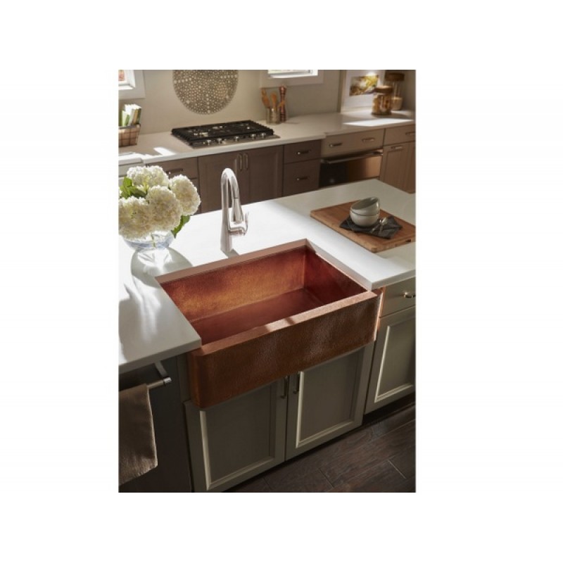 Kahlo Wheat Hammered Single Bowl Copper Farmhouse Sink in Rose Gold Finish with Drain