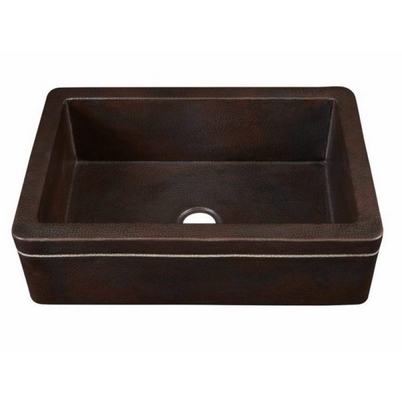 Kahlo Single Bowl Copper Farmhouse Sink in Aged Copper with Silver Line with Drain