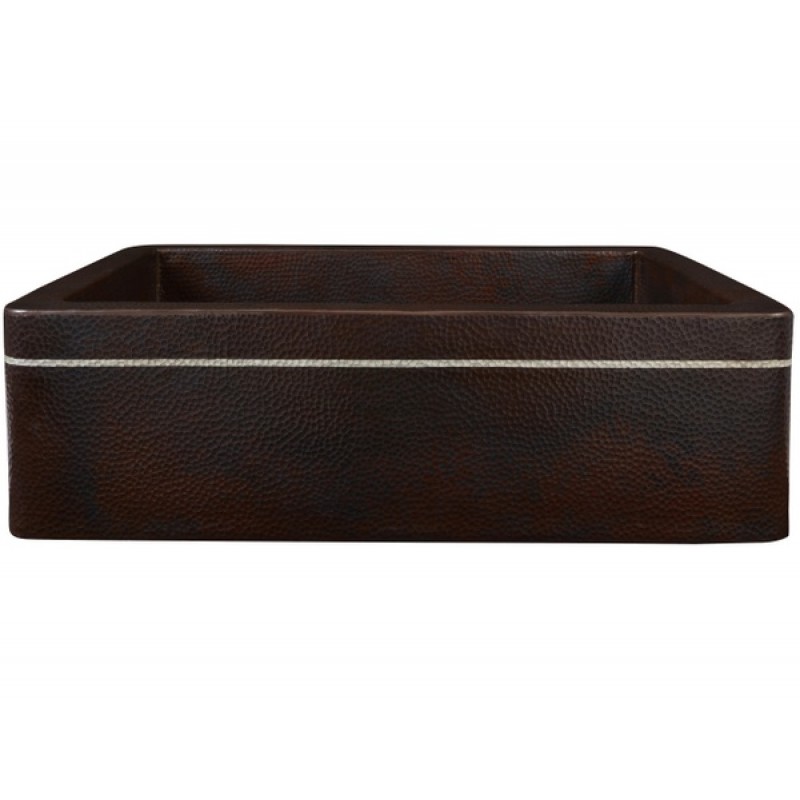 Kahlo Single Bowl Copper Farmhouse Sink in Aged Copper with Silver Line with Drain