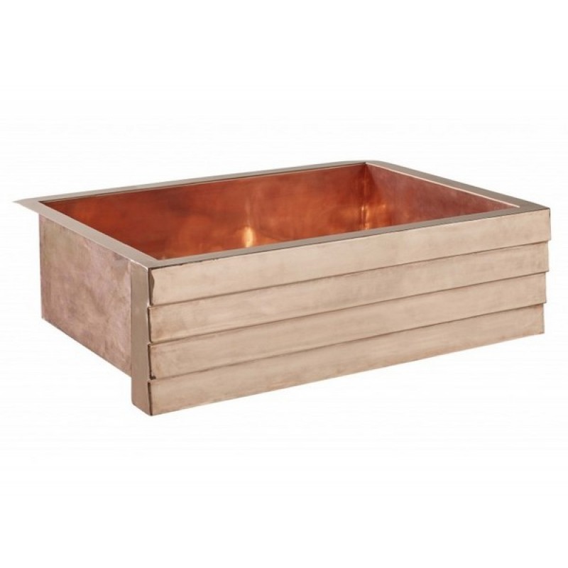 Kahlo Tiered Single Bowl Copper Farmhouse Sink in Rose Gold with Drain