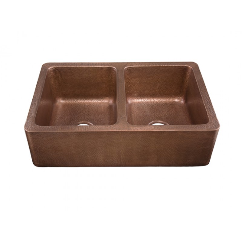 Corniglia Farmhouse Apron Front Double Bowl Hand Hammered Copper Kitchen Sink With Drains