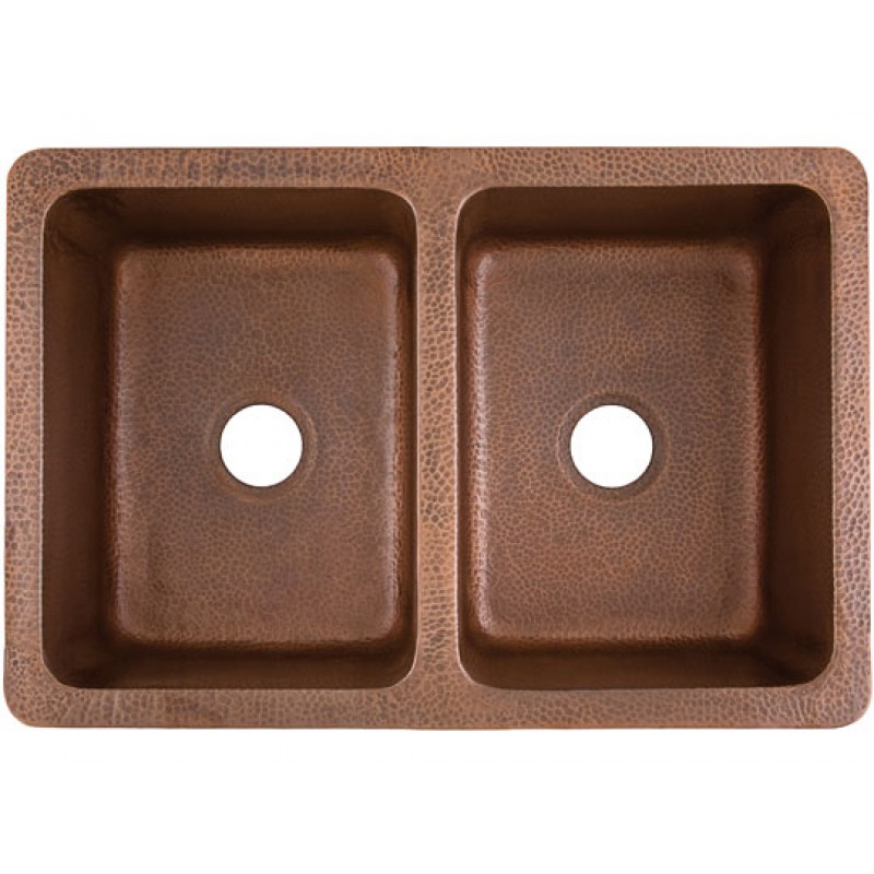 Corniglia Farmhouse Apron Front Double Bowl Hand Hammered Copper Kitchen Sink With Drains