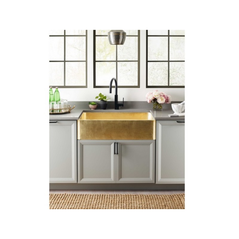 Quiroga Farmhouse Apron Front Single Bowl Kitchen Sink, 33 x 22 in, Hammered Semi-Satin Brass