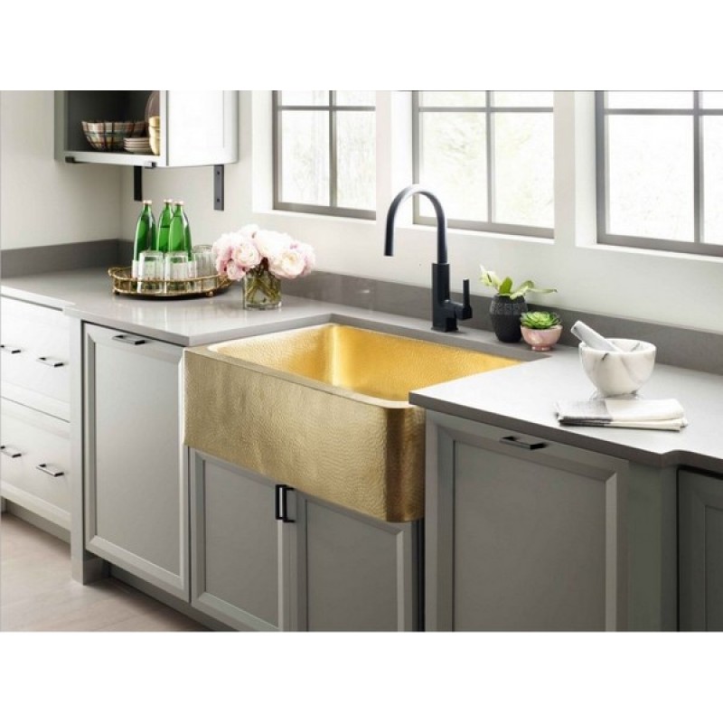 Quiroga Farmhouse Apron Front Single Bowl Kitchen Sink, 33 x 22 in, Hammered Semi-Satin Brass