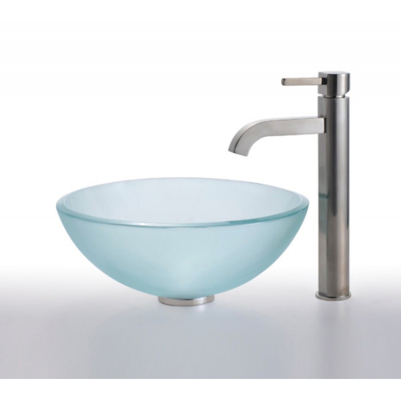 KRAUS Frosted Glass Vessel Sink in Clear with Single Hole Single-Handle Ramus Faucet in Satin Nickel