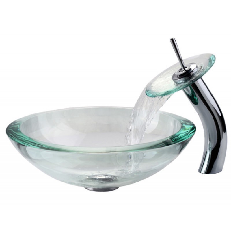 KRAUS 34 mm Thick Glass Vessel Sink in Clear with Waterfall Faucet in Chrome
