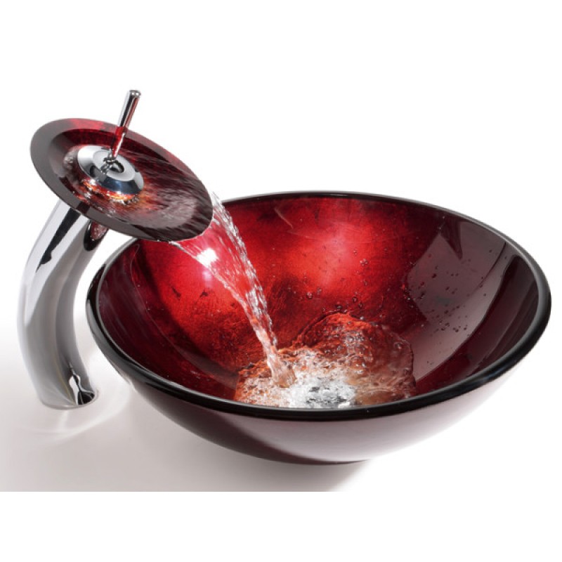 KRAUS Irruption Glass Vessel Sink in Red with Single Hole Single-Handle Waterfall Faucet in Chrome
