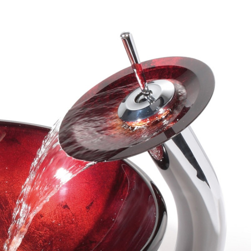 KRAUS Irruption Glass Vessel Sink in Red with Single Hole Single-Handle Waterfall Faucet in Chrome