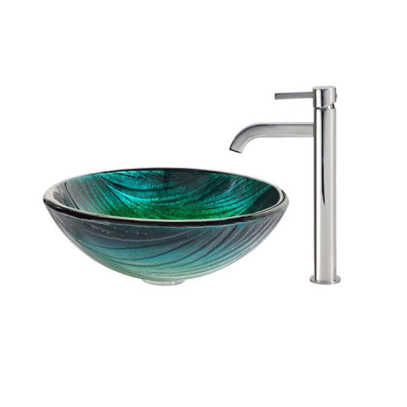 KRAUS Nei Glass Vessel Sink in Green with Ramus Faucet in Chrome