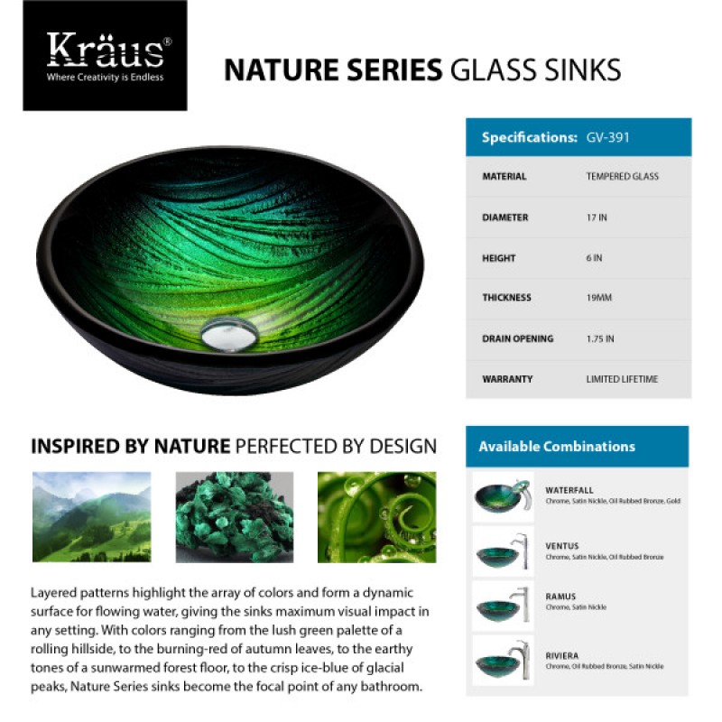 KRAUS Nei Glass Vessel Sink in Green with Ramus Faucet in Satin Nickel