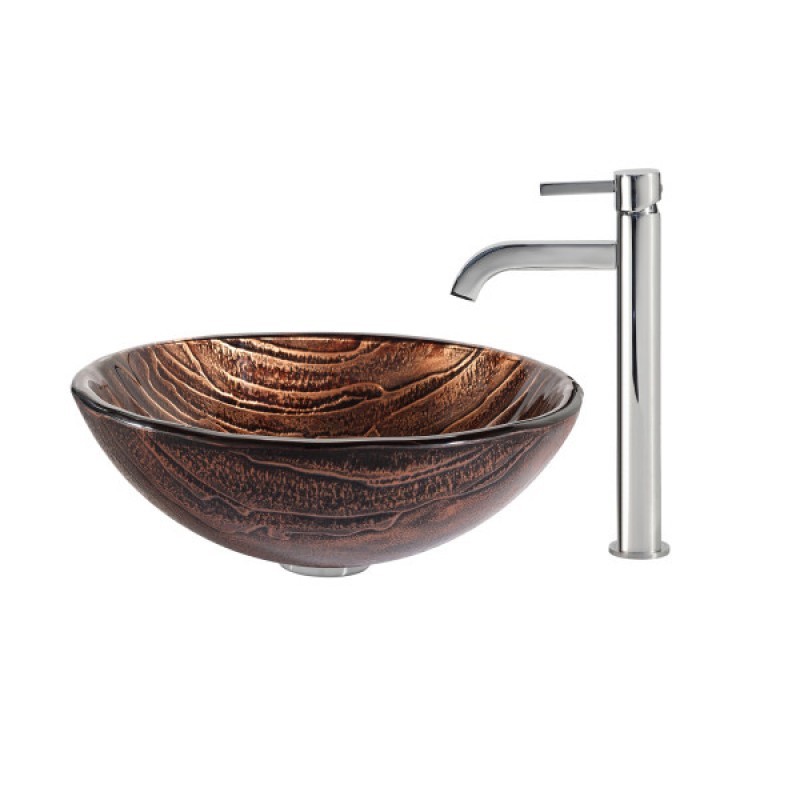 KRAUS Gaia Glass Vessel Sink in Brown with Ramus Faucet in Chrome