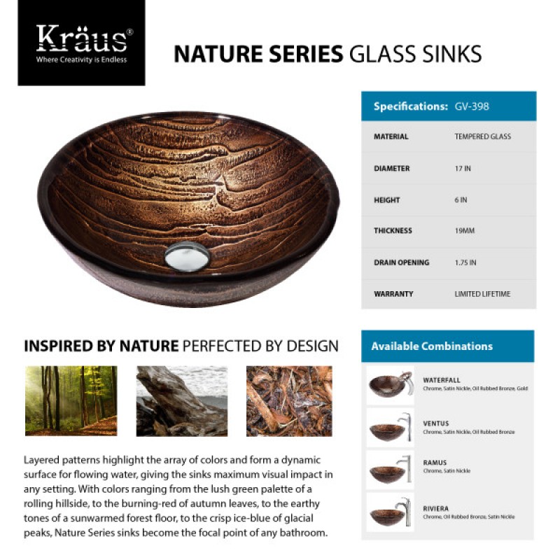 KRAUS Gaia Glass Vessel Sink in Brown with Ramus Faucet in Chrome