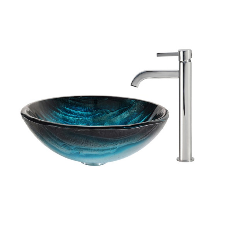 KRAUS Ladon Glass Vessel Sink in Blue with Ramus Faucet in Chrome