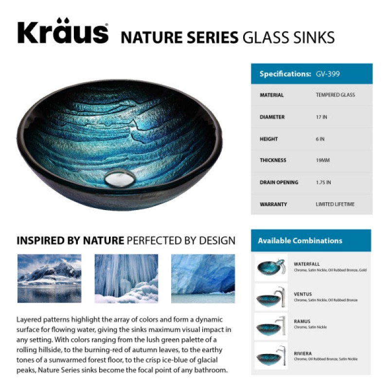 KRAUS Ladon Glass Vessel Sink in Blue with Ramus Faucet in Satin Nickel