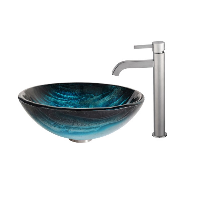 KRAUS Ladon Glass Vessel Sink in Blue with Ramus Faucet in Satin Nickel